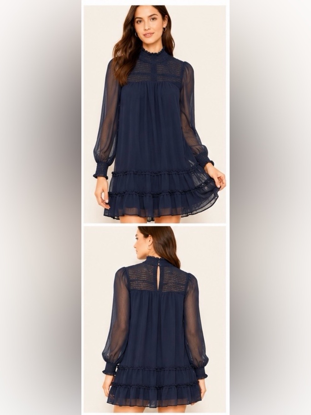 17. NWT CeCe Sheer Long-Sleeve Ruffle Hem Dress in Navy